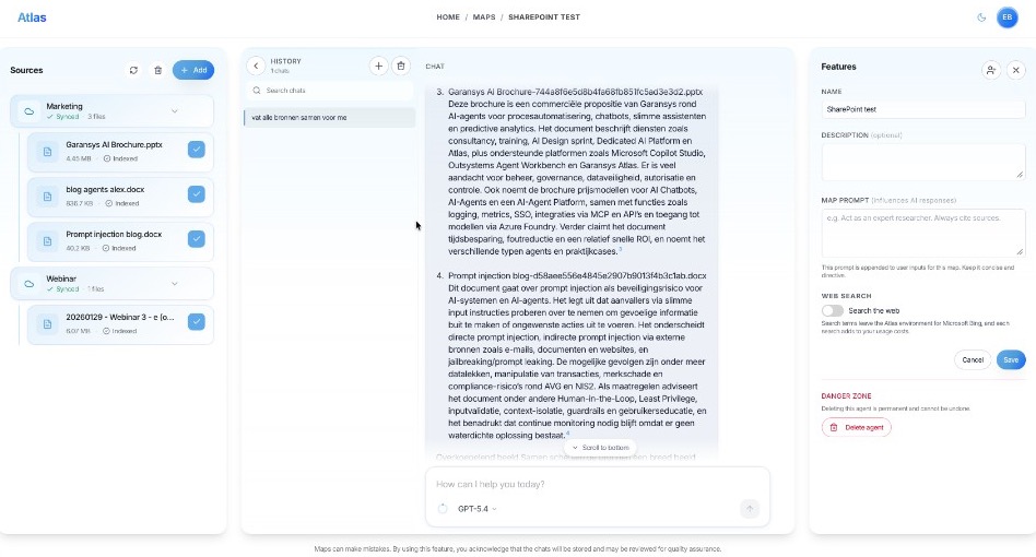 Chat in Atlas met bronnen uit SharePoint, bronvermelding en agentinstellingen